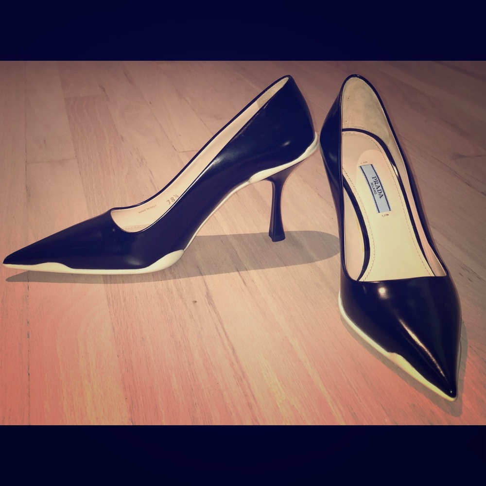 Prada Black Heels with White Bottoms